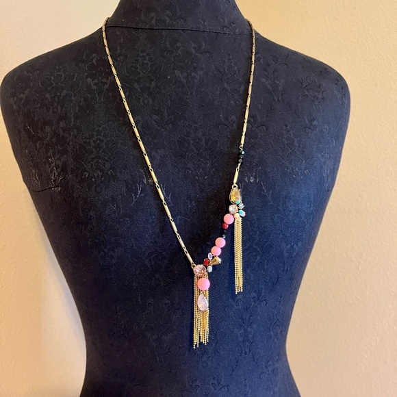 ❤️ J. Crew Tassel Gemstone Multicolor Necklace in gold metal, pink accents - Picture 3 of 6